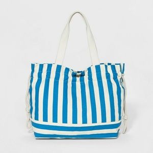 Striped Canvas Drawstring Tote Handbag
